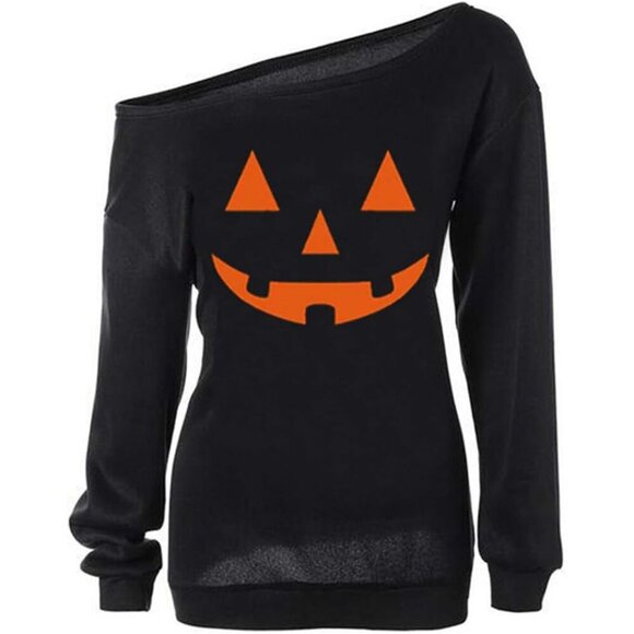 Tops - Women Off Shoulder Sweatshirt Halloween Long Sleeve Pullover Top Cotton Blend